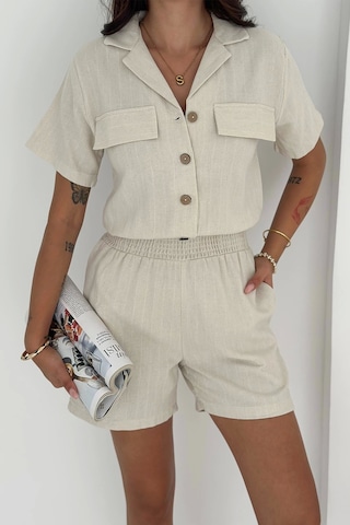 Asprin Fashion Beli Lastikli Şort Gömlek Takım Bej