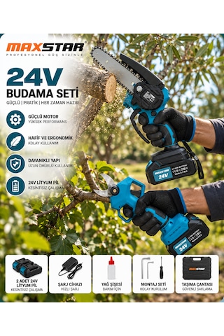 Maxstar 24v Akülü Budama Testeresi Ve Budama Makası 2'li Set 2 Akülü, Şarjlı Bahçe Budama Seti