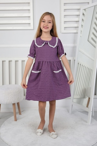 Gofre Kumaş Kız Çocuk Elbise Ekru - Sarı