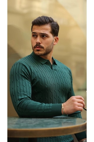 Valensdesign Erkek Saç Örgü Desen Uzun Kollu Triko A. Zümrüt Yeşili
