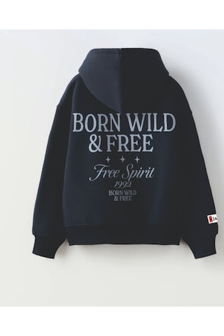 Unisex Koyu Mavi Renk Slogan Yazılı 3 İplik Şardonlu Kapüşonlu Sweatshirt Gri - Siyah