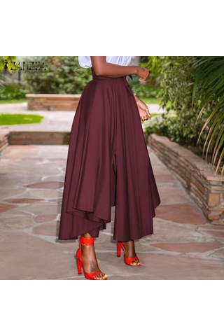 Zanzea Bayan Yaz Yüksek Bel A Hattı Yırtmaçlı Etek Cepli Kahverengi