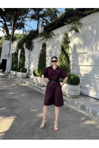 Kadın Yakalı Gömlek Kemerli Şortlu Takım - Bordo Bordo