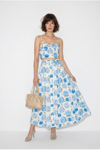 Kadın Çiçek Desenli Crop Bluz Ve Düğme Detaylı Midi Etek Takım 7697 60286365 - Ekru-mavi