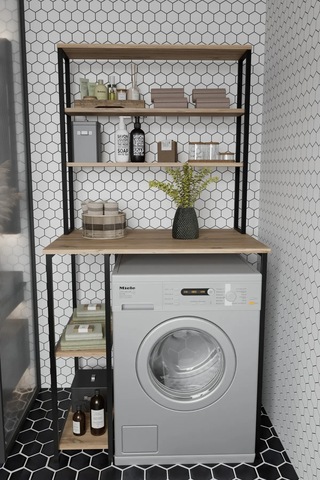 Saroz Çamaşır Makina Üstü Raf Banyo Dolabı Rafı Deterjan Rafı Meşe Meşe