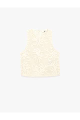 Koton Pamuklu Floral Dokulu Brodeli Kolsuz Bisiklet Yaka Bluz Bej 6sak30120ew Ekru