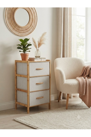 3 Çekmeceli Bambu Kabin - Çok Amaçlı Organizer Şifonyer 78.5 X 37 X 34.5 Cm Bej