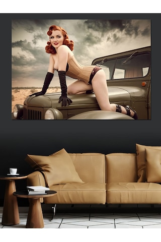 Klasik Arabada Pin-up Kadın Dekoratif Kanvas - Mdf Ahşap Tablo