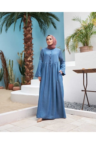 Neways 6591-Kolları Nervürlü Elbise Koyu Mavi