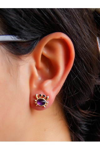 Esha Store Doğal Taş Ametist Doğal Taşlı Yengeç Altın Kaplama Kadın Küpe Euk21amt Mor