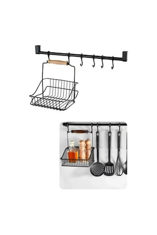 Mutfak Düzenleyici Retro Sepet Ve 6 Kancalı Askı Takımı Set - Ferforje Retro Sepet Takım Metal Siyah Diğer
