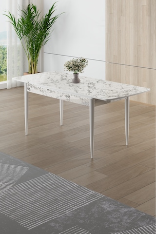 Canisa Asfel Serisi Mdf 77x130 Beyaz Mermer Desen Yandan Açılabilir Mutfak Masa Takımı 6 Krem Sandalye Beyaz Mermer Masa Krem Sandalye