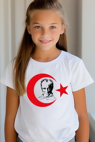 Aselinda Atatürk Ve Ayyıldız Baskılı Beyaz Çocuk Tişört Cumhuriyetimizin 101. Yılı 29 Ekim Beyaz Tişört-stk6 Beyaz