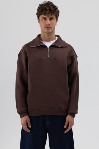 Vamos Basic Fermuarlı Dik Yaka Sweatshirt Kahve