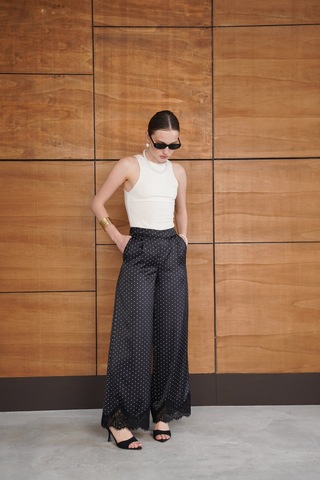 Verymoda Puantiyeli Paçası Dantelli Saten Pantolon D2970 Siyah