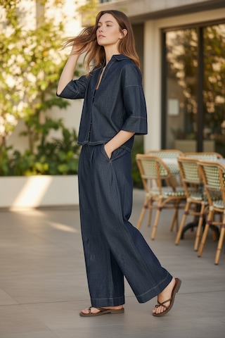 Stilkusagi Kadın Truvakar Kol Denim Gömlek Pileli Jean Pantolon İkili Takım Lacivert