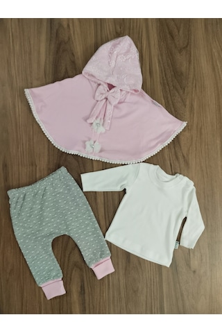 Egişbaby Kız Bebek Pelerinli Üçlü Takım Pembe