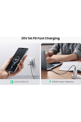 Ugreen Usb-c To Usb-c 100w 5a Qc Pd Örgülü Hızlı Şarj Kablosu 3 M Siyah