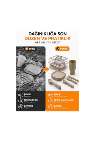 22 Parça Piknik Seti 4 Kişilik Taşınabilir Plastik Yemek Seti Saklama Kutulu Kamp & Piknik Seti Bej