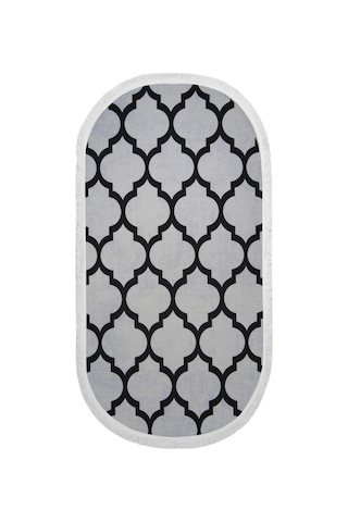 Dijidekor Dekoratif Dijital Saçaklı Oval Kesme Halı Yolluk Antialaerjik Maça Gri 60x150