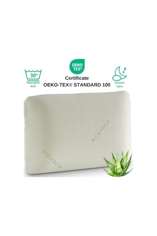 Rudu Aloevera Kılıflı Visco Visko Delikli Bütün Sünger Yastık 60x40x14 Cm 1330 Gr Omuz/boyun Destekli Beyaz - Yeşil