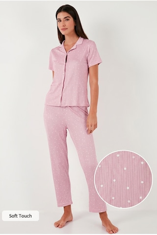 Lela Regular Fit Gömlek Yaka Kısa Kollu Bayan Pijama Takımı 65780124 Pudra