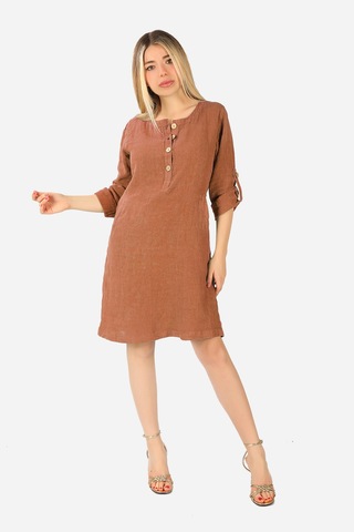 Keten Midi Elbise Kahverengi