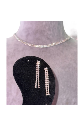 Kırmızı Sanat Evi Full Taşlı İki Sıra Parlak Choker Kolye ve Küpe Seti Gümüş
