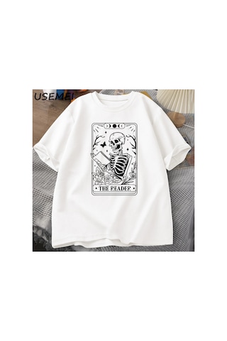 Tarzsokak Okuyucu Tarot Kartı T-shirt İskelet Okuma T Shirt Yaz Pamuk Kitap Sevgilisi Bookish Tshirt Er 2862 Beyaz