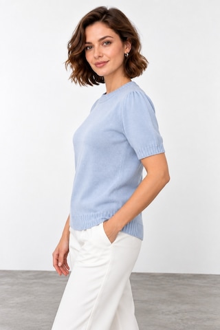 Bihan Store Kadın Simli Sıfır Yaka Kısa Kol Triko Bluz W27-31626 - Mavi