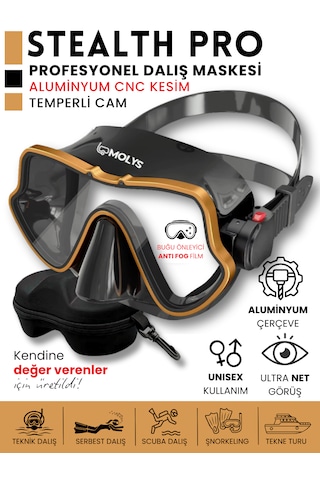 Molys Stealth Pro Alüminyum Dalış Maskesi + Antı Fog Buğu Önleyici Film + Eva Koruyucu Taşıma Kutusu Siyah - Turuncu