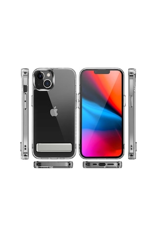 Apple Uyumlu iPhone 14 Kılıf Standlı Şeffaf Silikon Zore L-Stand Kılıf Renksiz