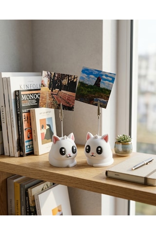 Kedi Notluk & Fotoğraf Tutucu Dekoratif Masa Düzenleyici Beyaz
