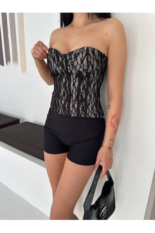 Etiler Collection Fermuarlı Dantel Korse Straplez Bustiyer Transparan Şık Top - Bej