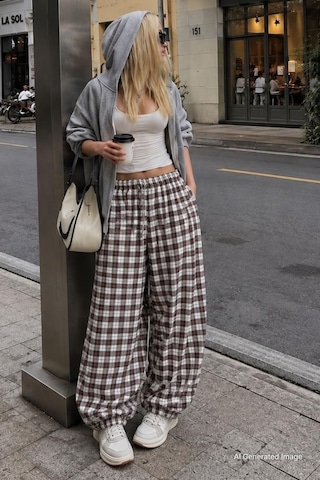 Madmext Kahverengi Ekose Desenli Beli Lastikli Balon Pantolon Mg2905