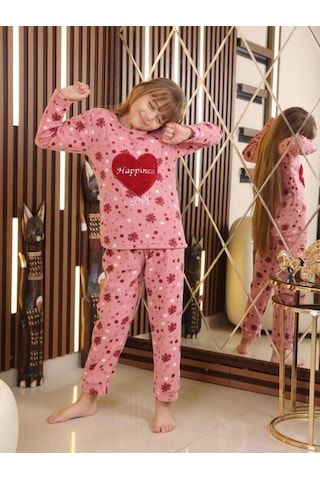 Fames Pijama Happiness Çocuk Polar Kışlık Pijama Takımı. 5-6-7-8-9-10 Yaş Pembe