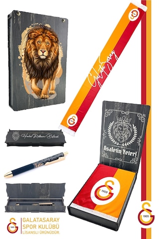 Galatasaray Lisanslı Çift Yön Baskılı Şal Kaşkol Atkı Ve Hybrit Tükenmez Kalem Set Aslan Baskılı Ahşap Kutulu Sarı + Kırmızı.