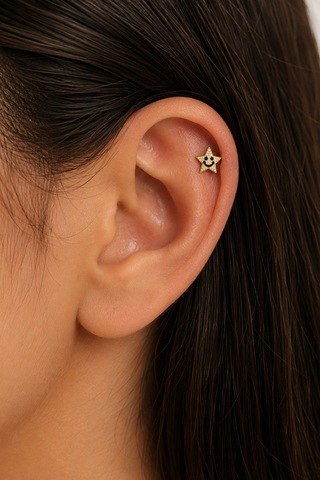 Sertifikalı 316l Çelik Gülen Yüzlü Taşlı Yıldız Figürlü Premium Altın Kaplama Tragus Ve Helix Pierci