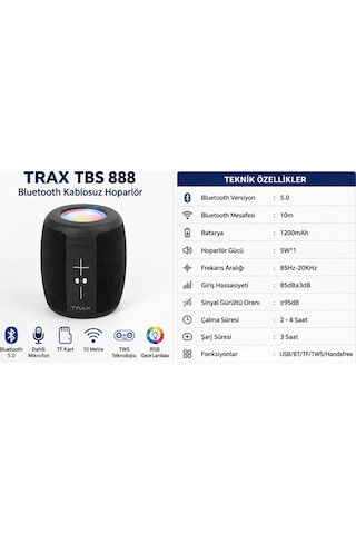 Trax Tbs 888 Bluetooth Hoparlör Rgb Işıklı Tf Kart Destekli Kablosuz Speaker