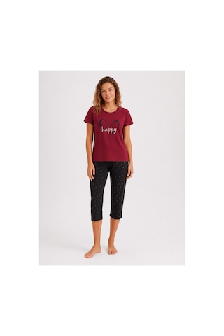 Pijamask Kadın Bordo Baskılı Kısa Kollu Kapri Pijama Takımı Rahat Kalıp Ev Giyim P14-78 Kırmızı