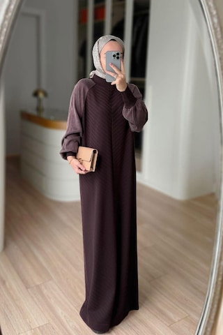 Kahijab Kendinden Desenli Yarım Balıkçı Merserize Elbise - Kahverengi