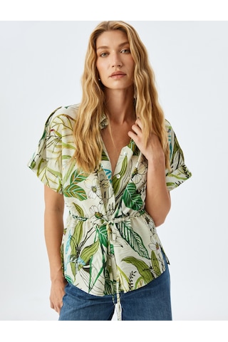 Koton Floral Desenli Beli Bağlama Detaylı Viskon Kısa Kollu Oversize Gömlek Yeşil Desenli 5sak60114uw Yeşil Desenli Yeşil