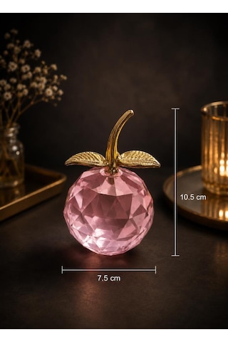 Pembe Kristal Cam Elma Biblo 10.5 Cm Dekoratif Masa Üstü Obje Gold Yapraklı Lüks Ofis Salon Aksesuarı