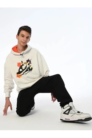 Marions Erkek Çocuk Spor Ayakkabı Baskılı Kapüşonlu Sweatshirt-13543 Ekru