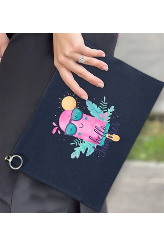 Bk Gift Yaz Temalı-5 Astarlı Lacivert Portföy Çanta 30x21cm, Baskılı El Çantası, Organizer Çanta