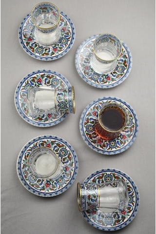 12 Parça 6 Kişilik Lüx Cam Çay Seti Gold Detaylı Altın Renk İşlemeli Lüks Çay Takımı Lacivert