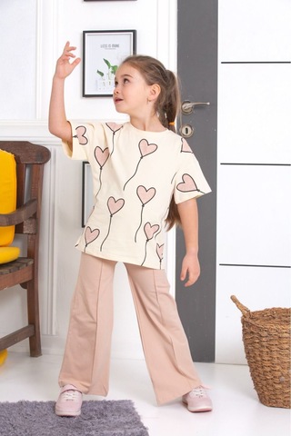 Tunays Shopping İspanyol Paça Tayt Pantolon Kalp Baskılı Oversize Tshirt Kız Çocuk Alt Üst Takım Bej