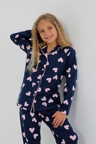 Kız Çocuk Uzun Kollu %100 Pamuklu Düğmeli Pijama Takımı Heartie Indigo