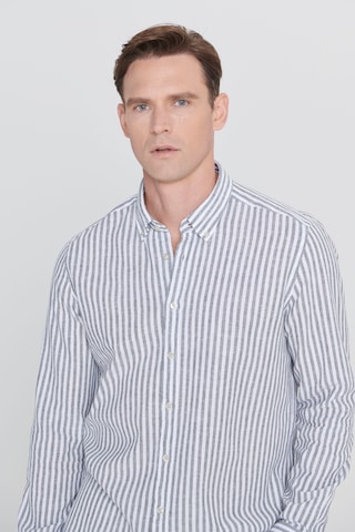 AC&Co / Altınyıldız Classics Erkek Beyaz Hakı Slim Fit Dar Kesim Düğmeli Yaka Çizgili Keten Gömlek Beyaz Hakı