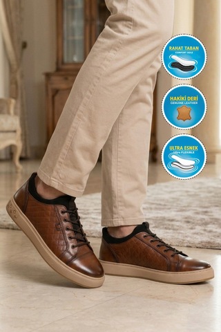 Taba Kroko Desenli Hakiki Deri Erkek Sneaker Çok Renkli